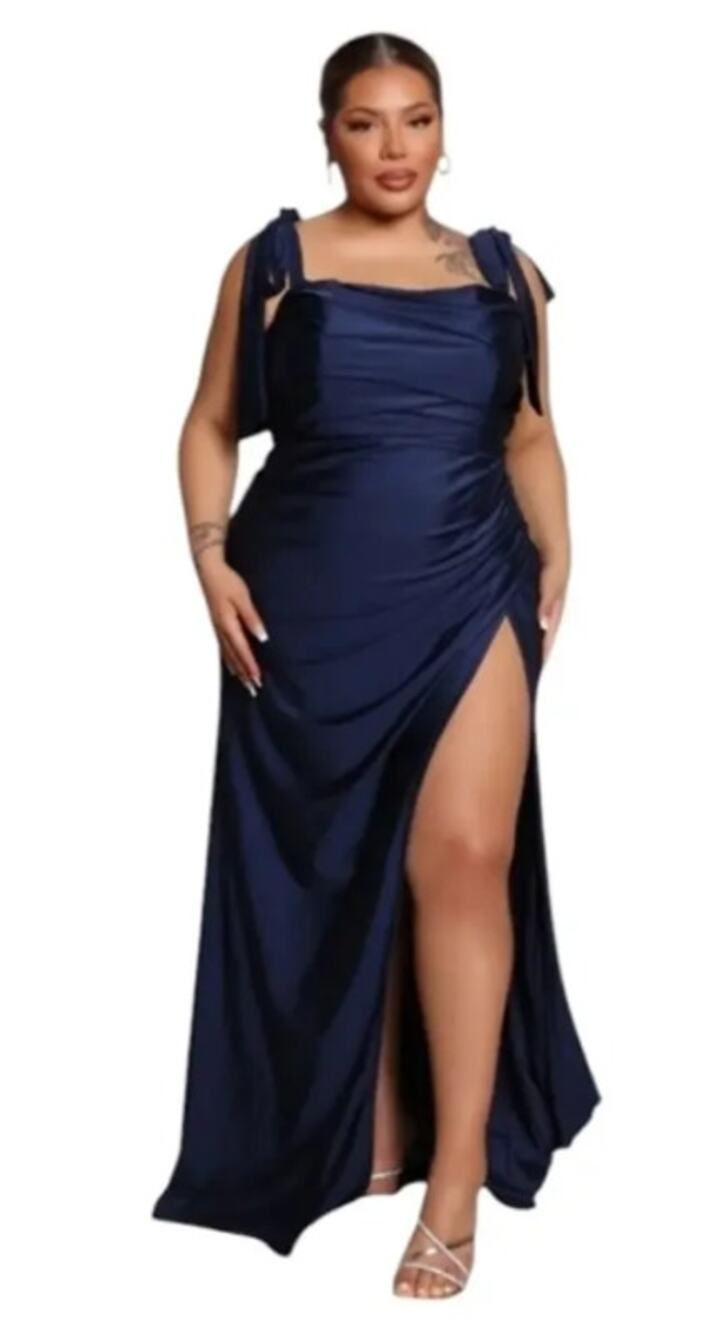 Fashion Nova Navy Ruched Satin Maxi Dress High Slit Formal Prom 1X NWT